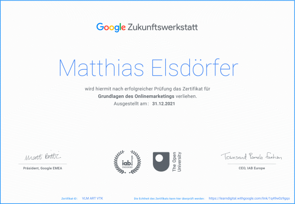 Zertifikat: Grundlagen des Onlinemarketings - Google Zukunftswerkstatt